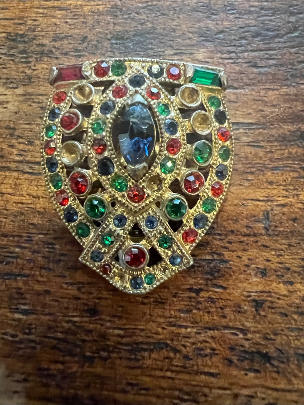 Gold Multicolor Crystal Shield fur or dress clip- Vintage
